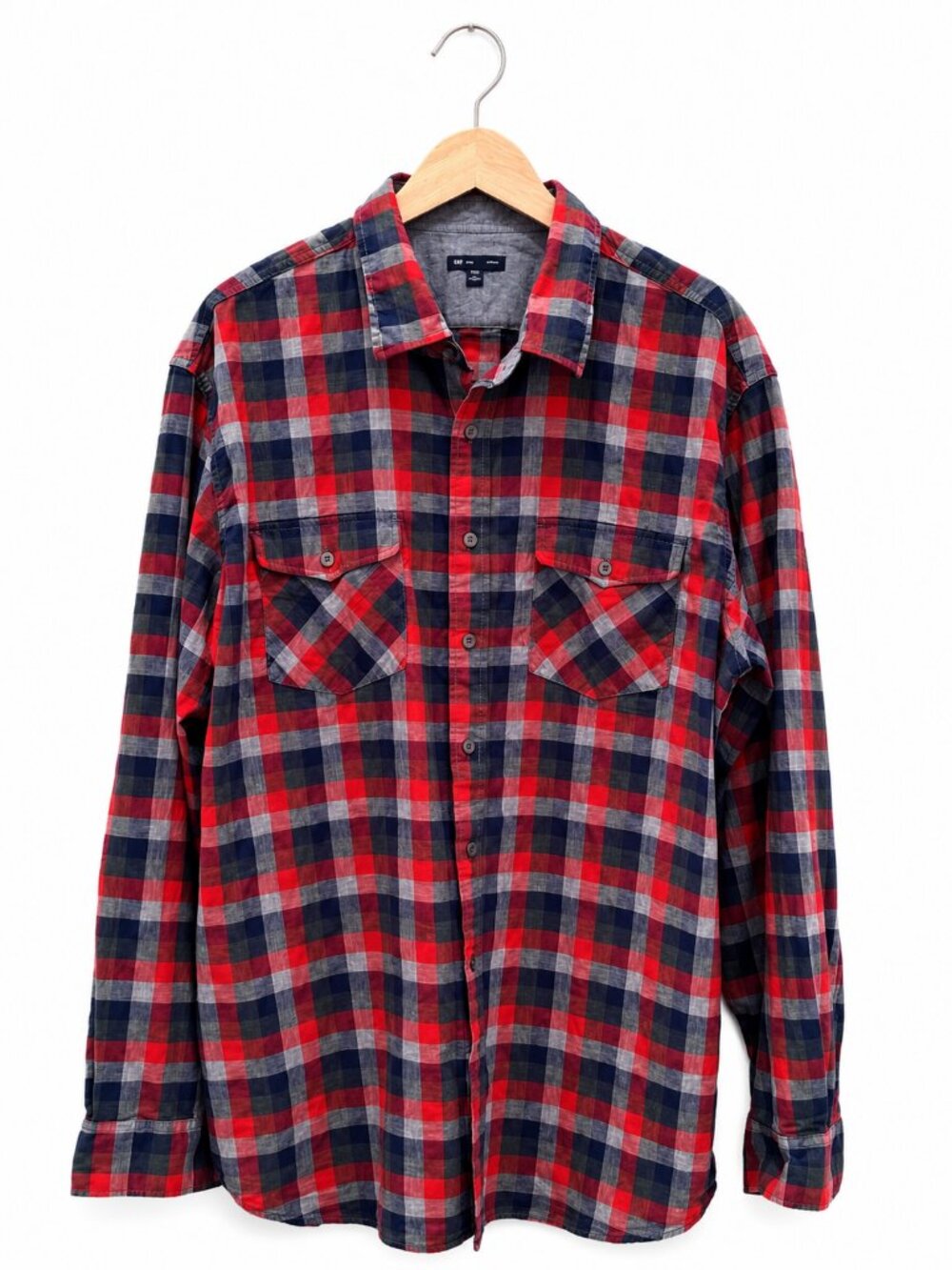 GAP Plaid Shirt Men’s 2XL Red Blue 100% Cotton Button Front Casual Workwear